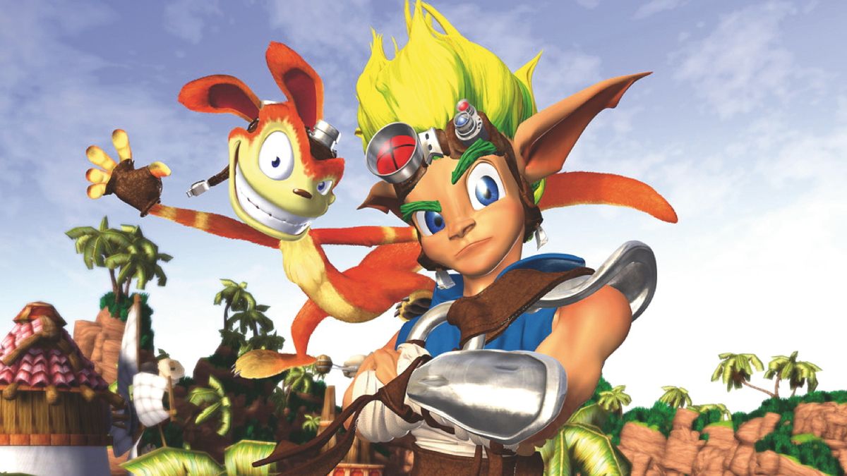 Jak and Daxter standing in a colorful PlayStation 2 fantasy world
