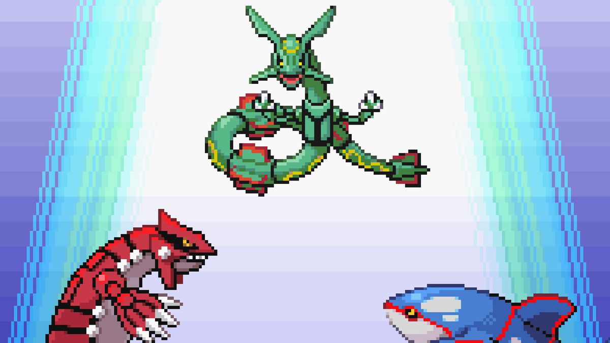 Pokemon Ruby, Sapphire, and Emerald boxes shown as classic Game Boy Advance-era Nintendo games.