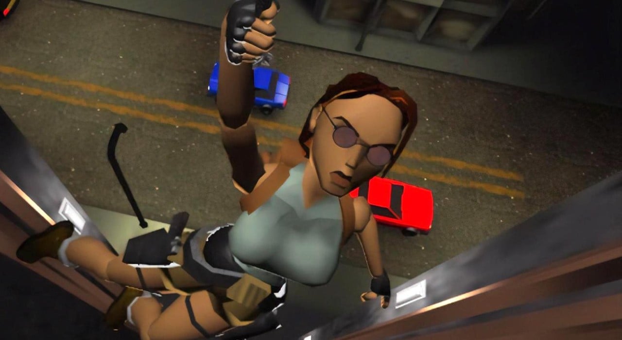 Lara Croft from Tomb Raider imagined beside a Nintendo 64 console in a retro gaming setup