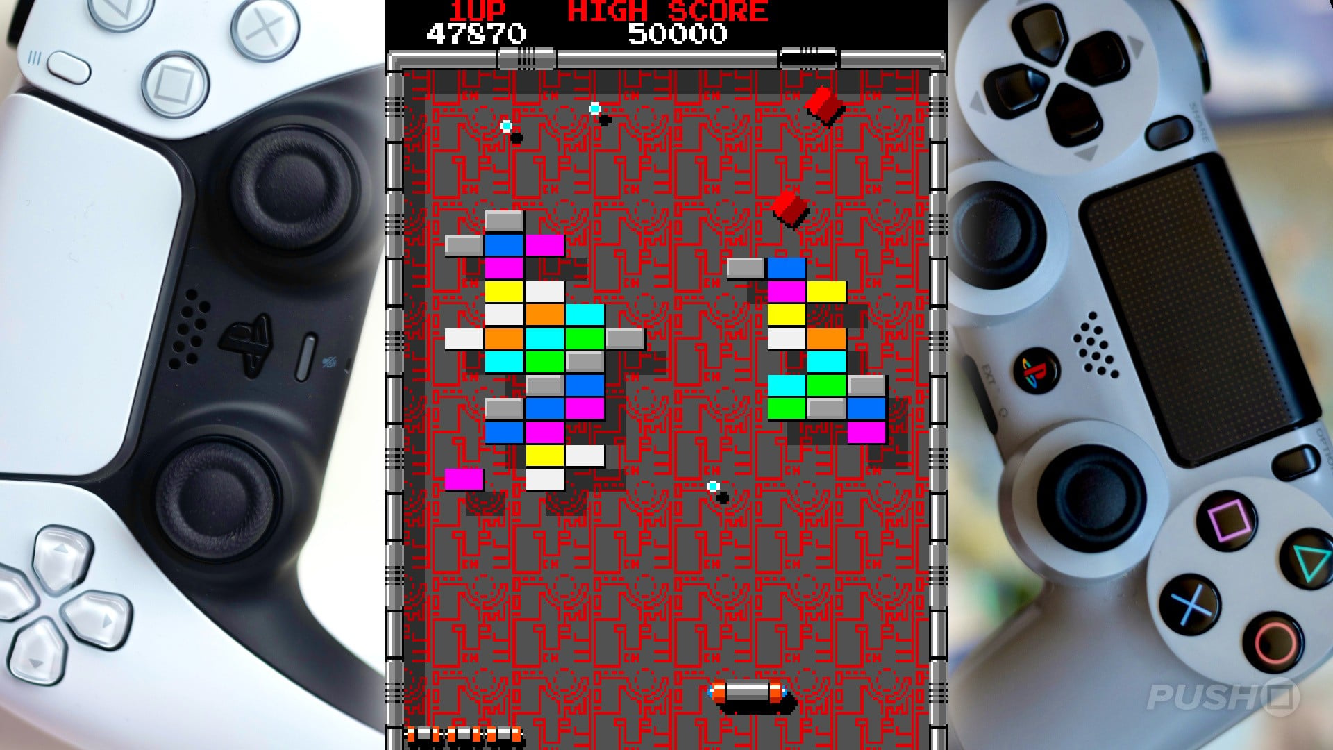 Arkanoid arcade gameplay with a paddle ship, ball, and blocks on screen.