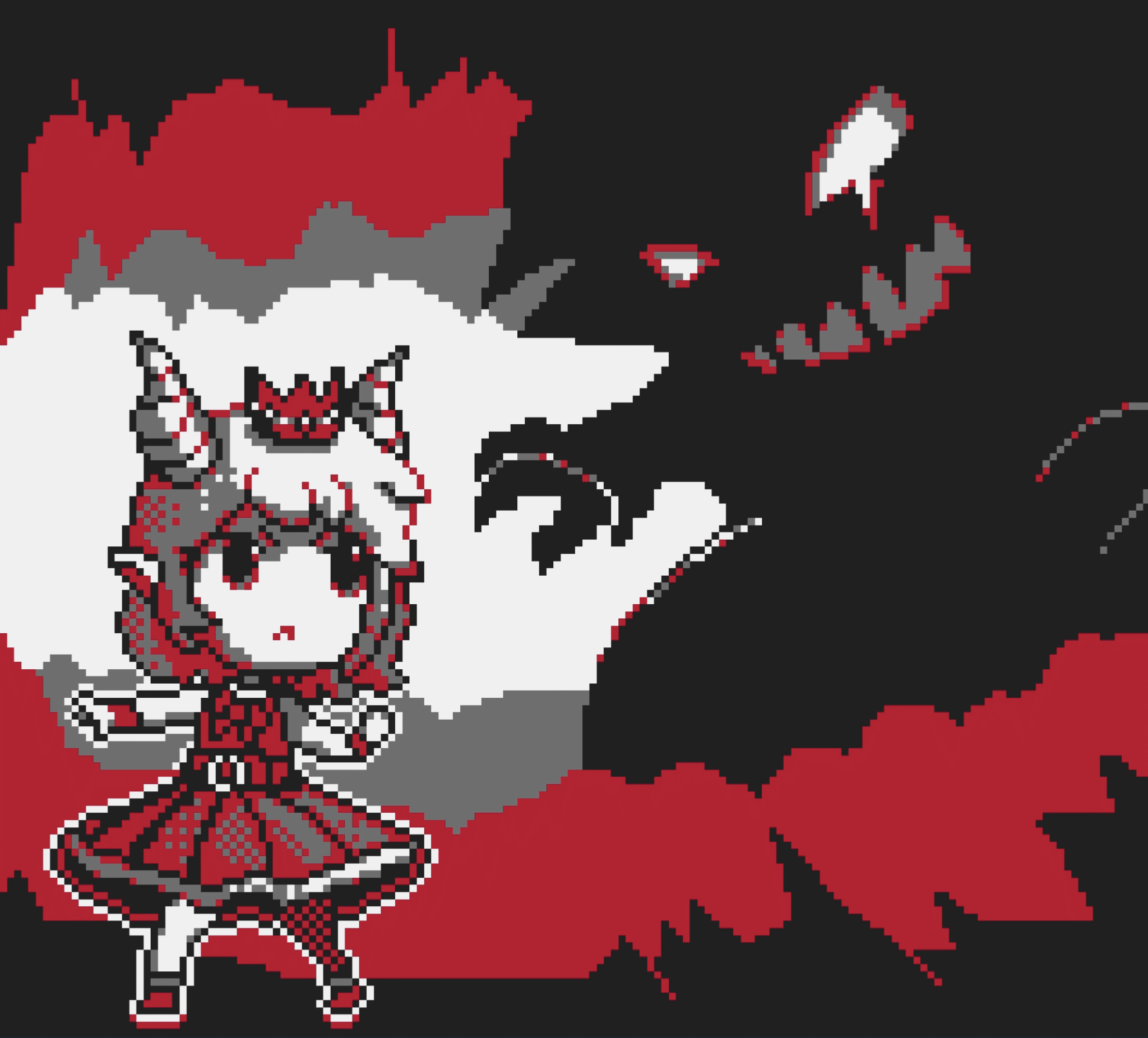 KUROHI cutscene art showing the protagonist facing a large shadow beast amid red and black flames