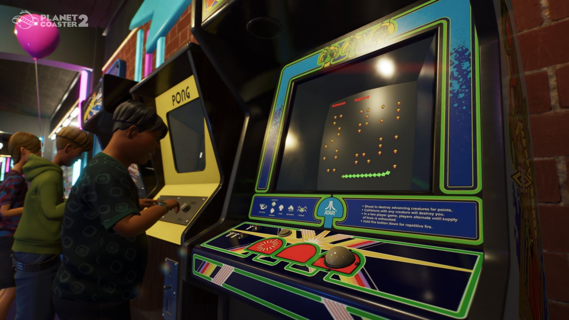 A colorful amusement park arcade scene inspired by Planet Coaster 2 and Atari games.