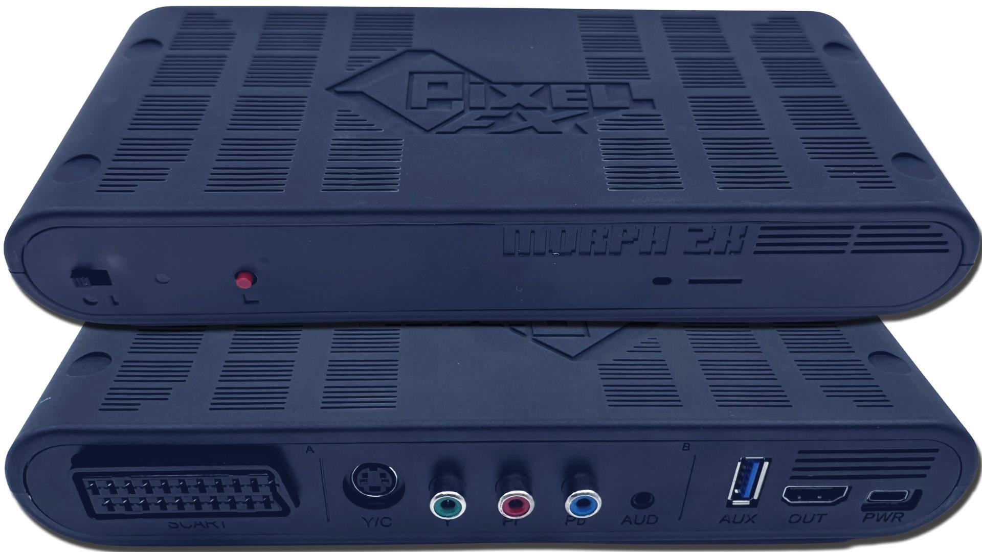 A retro gaming scaler setup with analog video cables connected to a compact video processor.