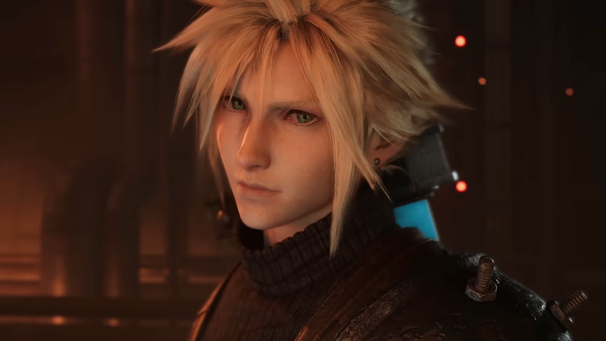 Cloud from Final Fantasy 7 standing in a moody fantasy town scene
