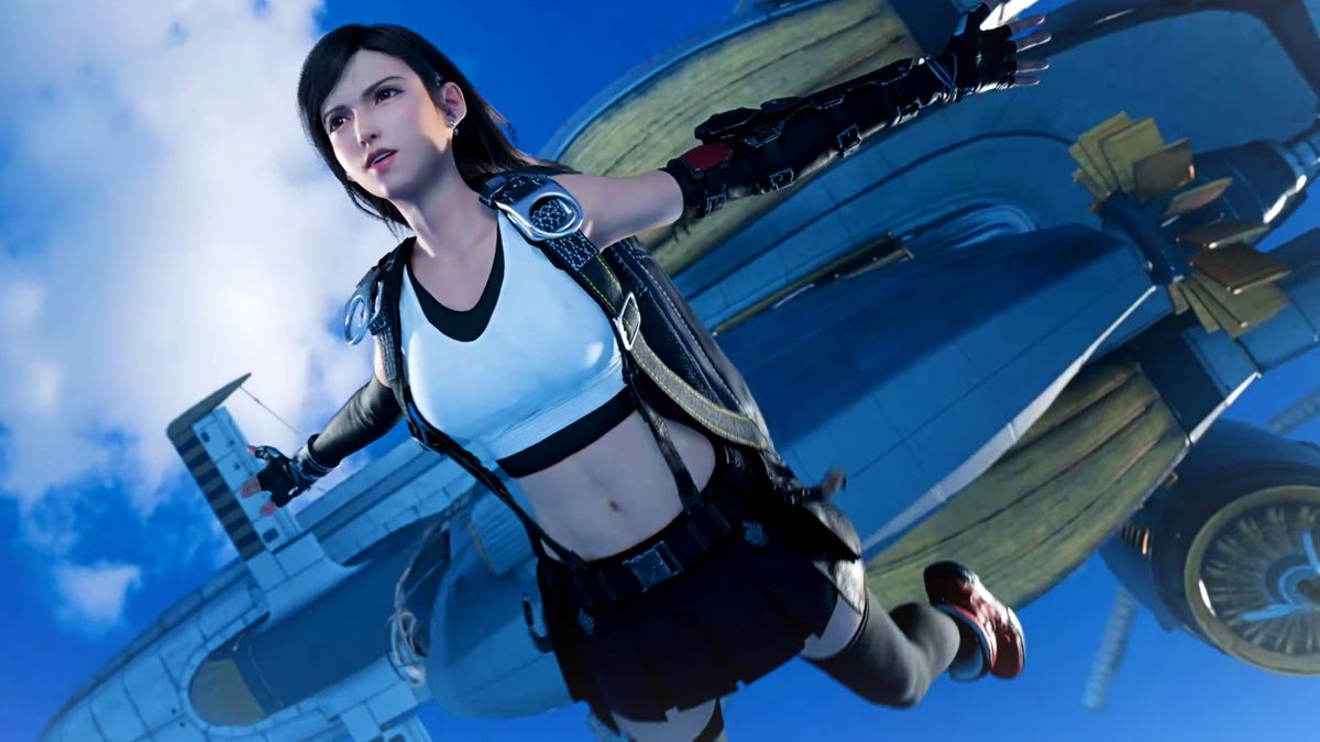 Cloud and the Final Fantasy 7 party in a dramatic remake trilogy scene