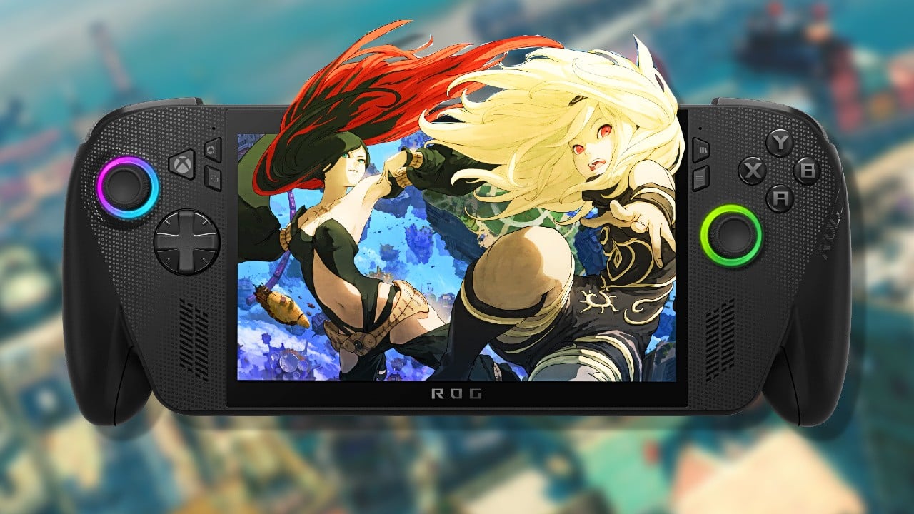 Kat from Gravity Rush 2 floating through a bright city scene