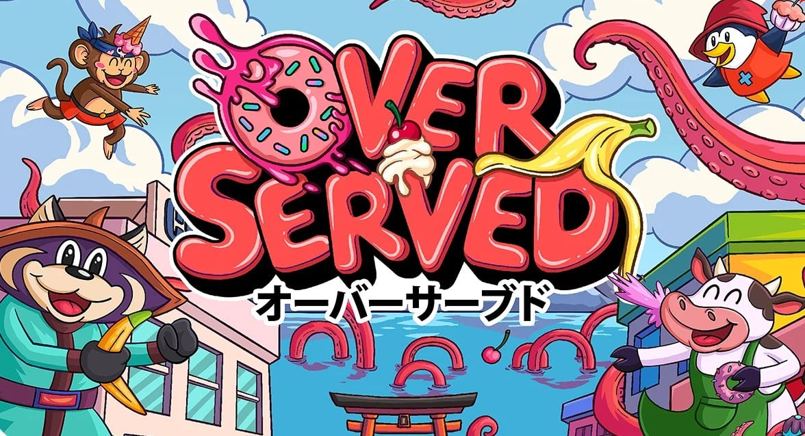 Overserved: Food Fighters artwork showing a colorful food-fight party game for retro systems