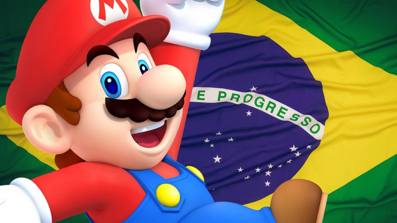 A retro Nintendo-inspired scene with a console controller near Brazilian street colors and old magazines