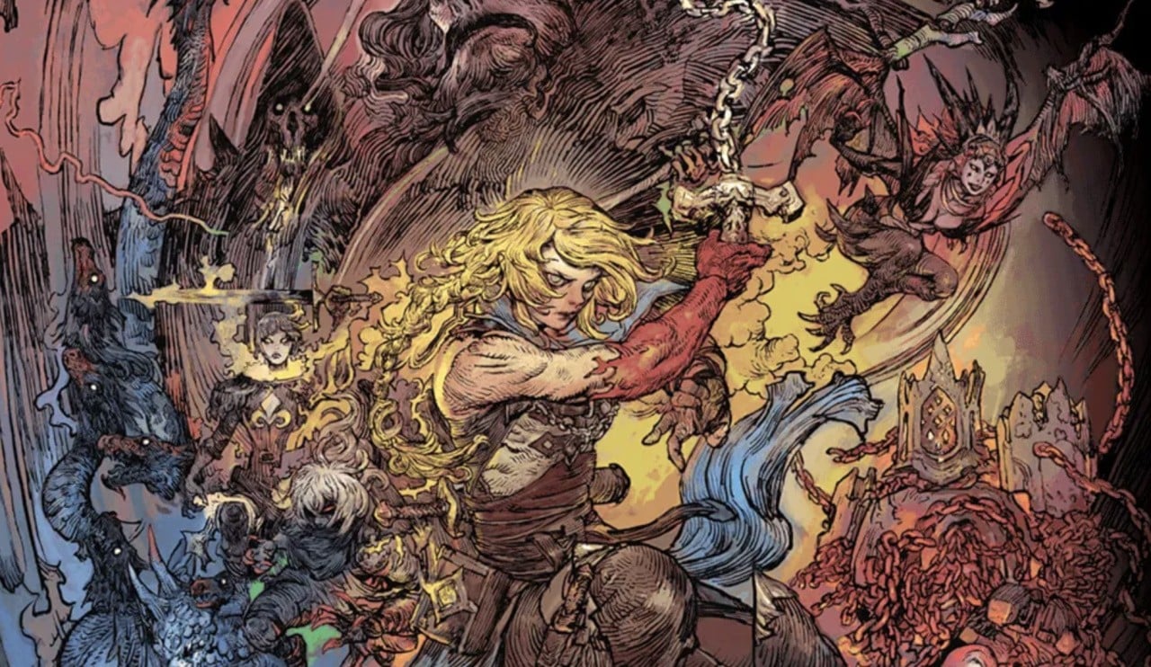 Katsuya Terada artwork for Castlevania: Belmont's Curse showing Trevor Belmont and Rose Belmont in a burning city