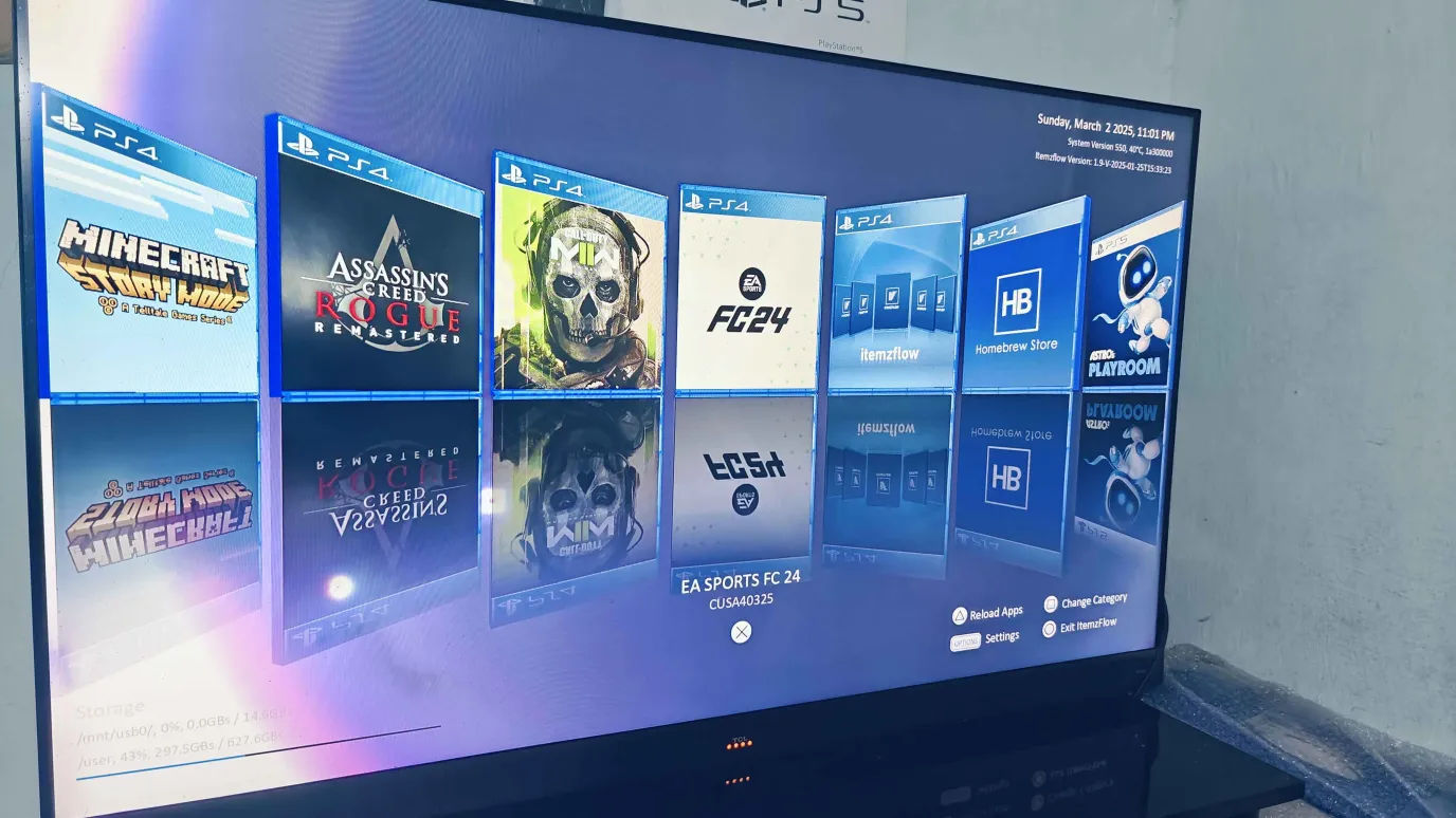 Itemzflow running on PS5 5.50, shown in a screenshot credited to @madaramk.