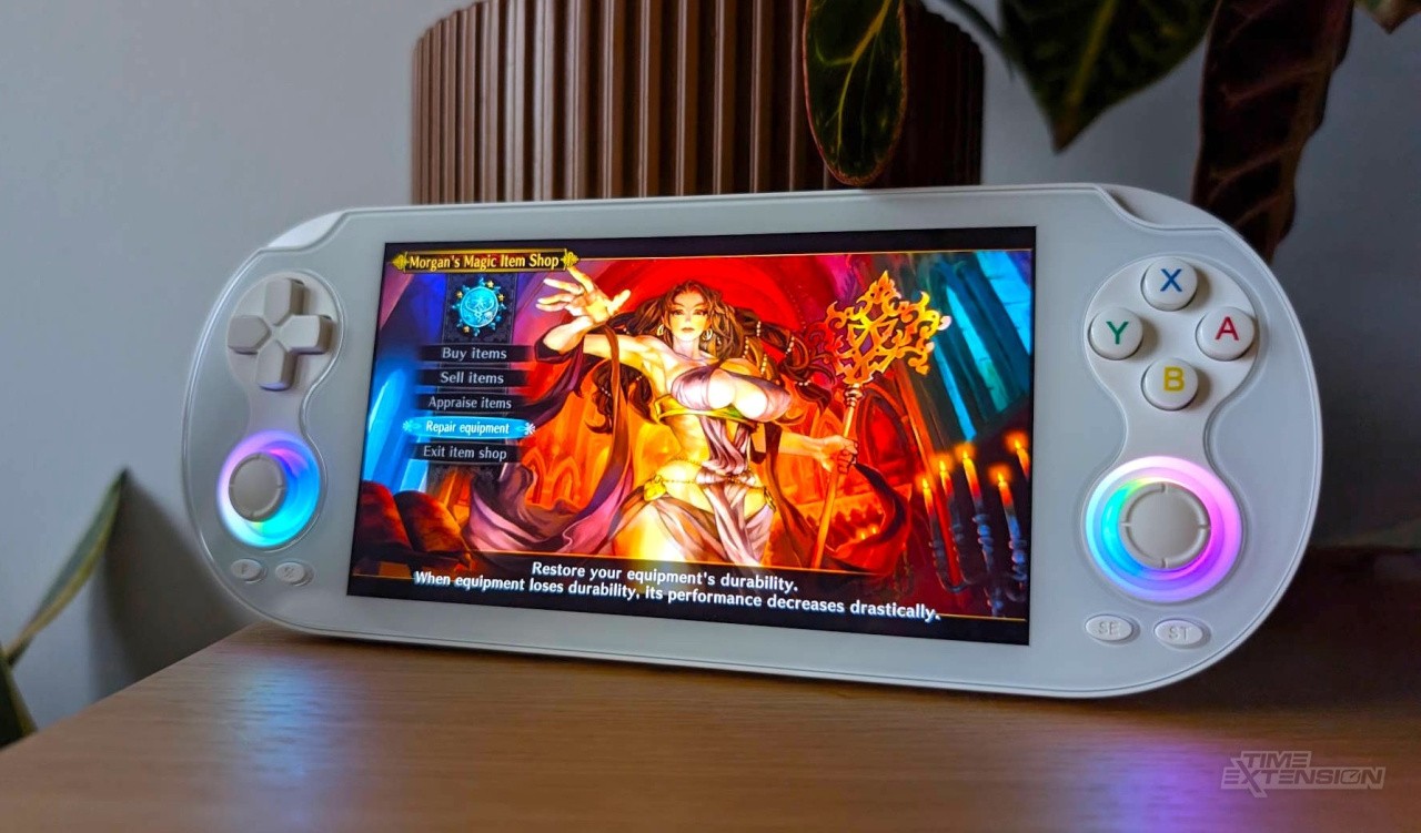 Anbernic RG Vita Pro handheld with a wide glass-front design inspired by the PlayStation Vita