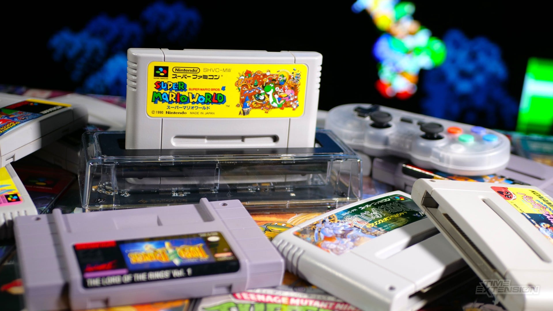 Transparent Epilogue SN Operator device connected by USB-C with a Super Nintendo cartridge inserted
