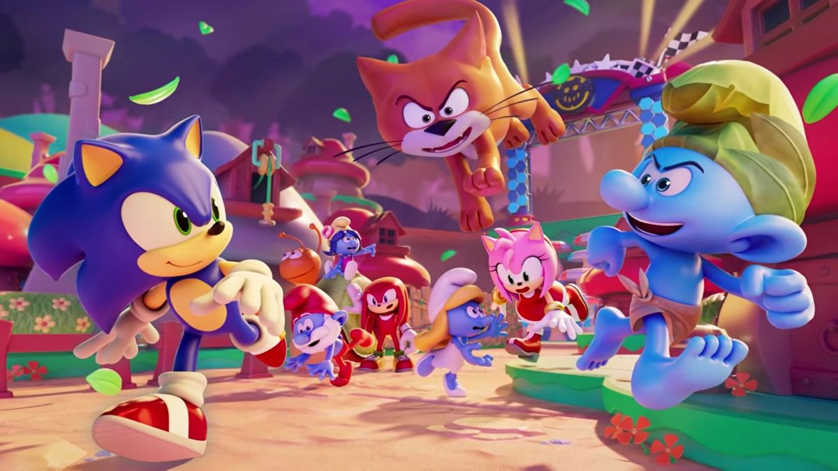 Sonic-style blue motion lines beside a retro Sega-inspired game screen