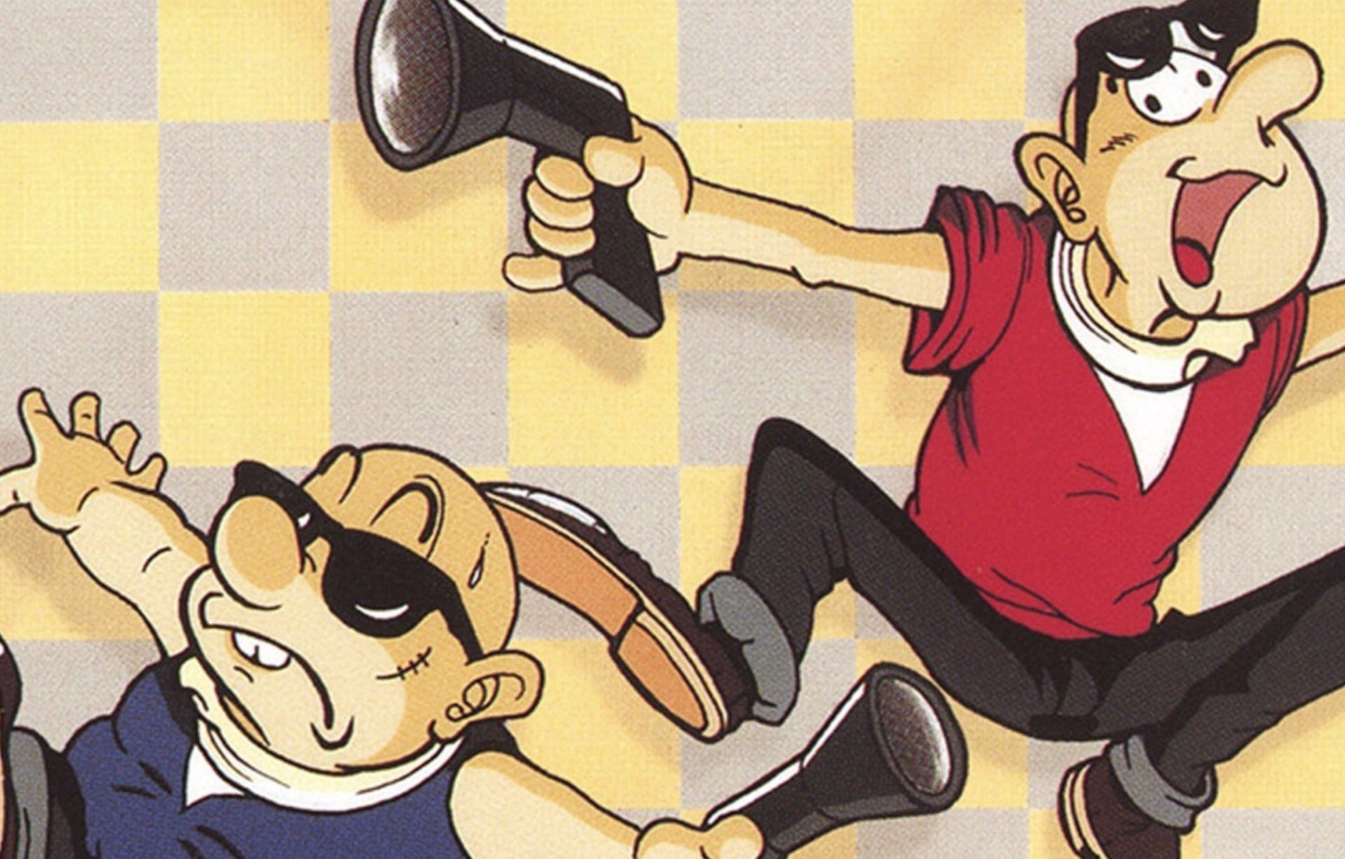 Bonanza Bros. arcade-style artwork with two cartoon thieves in a split-screen heist scene