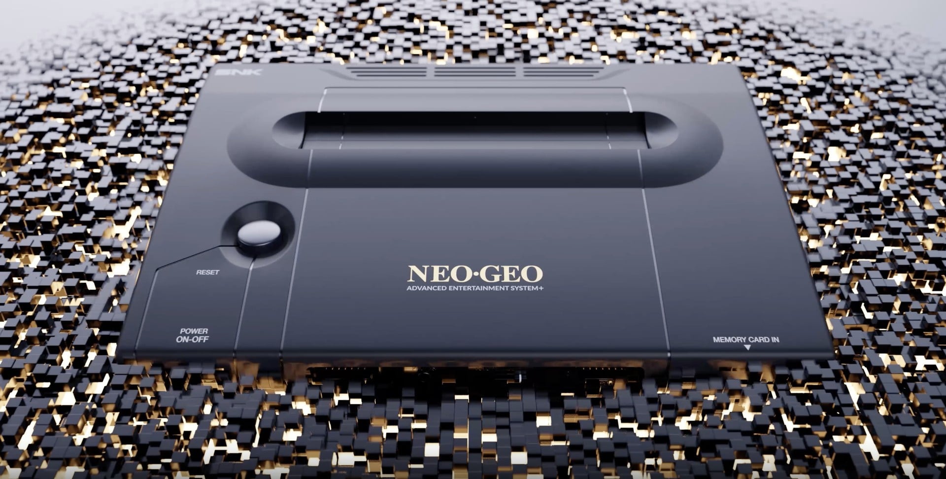 A Neo Geo-style console setup with controllers and a retro display