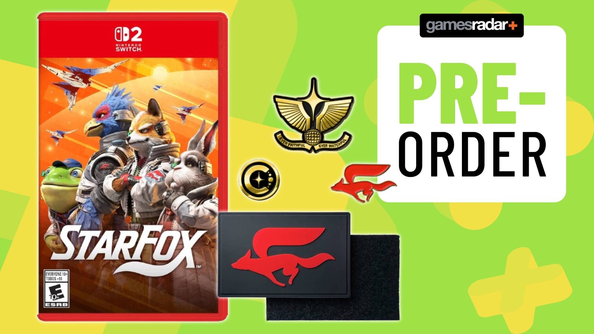 Image of the Star Fox Switch 2 box art and two sets of pre-order collectibles on a light green GamesRadar+ background.
