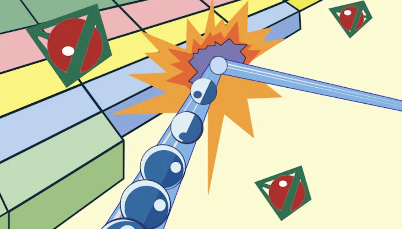 Retro arcade-style image of a paddle bouncing energy balls toward colorful blocks