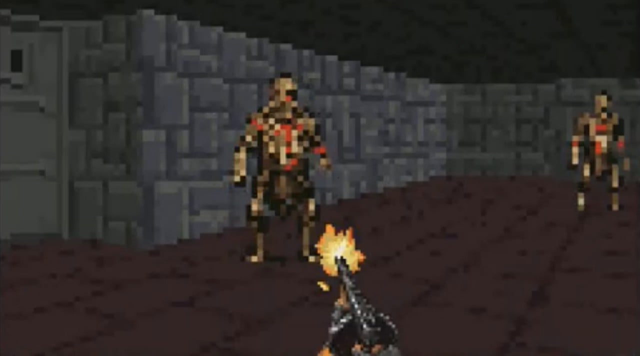 A dark pixel-art first-person shooter scene representing Veins of Iron on SNES