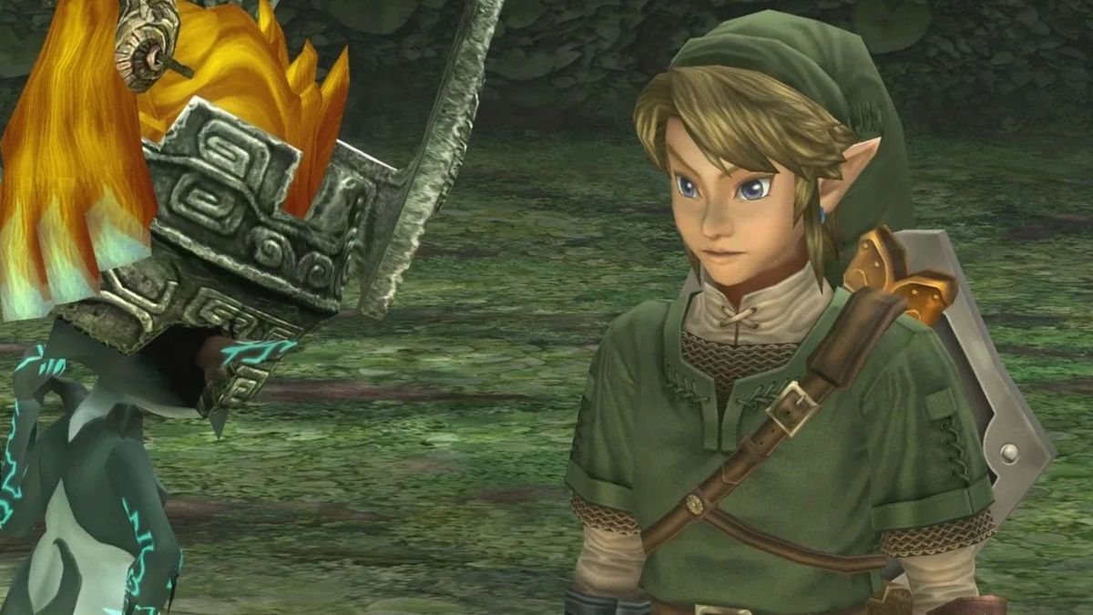Link in The Legend of Zelda Twilight Princess standing in a shadowy fantasy scene