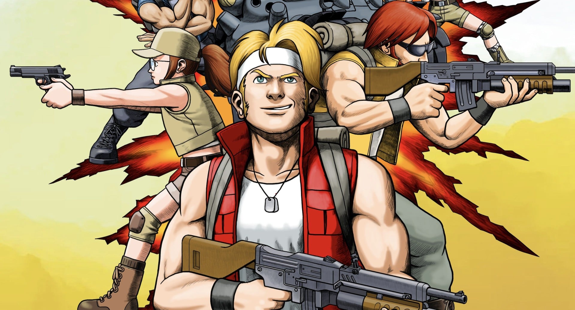 Marco and Tarma beside the Metal Slug tank in a classic arcade-style battlefield scene