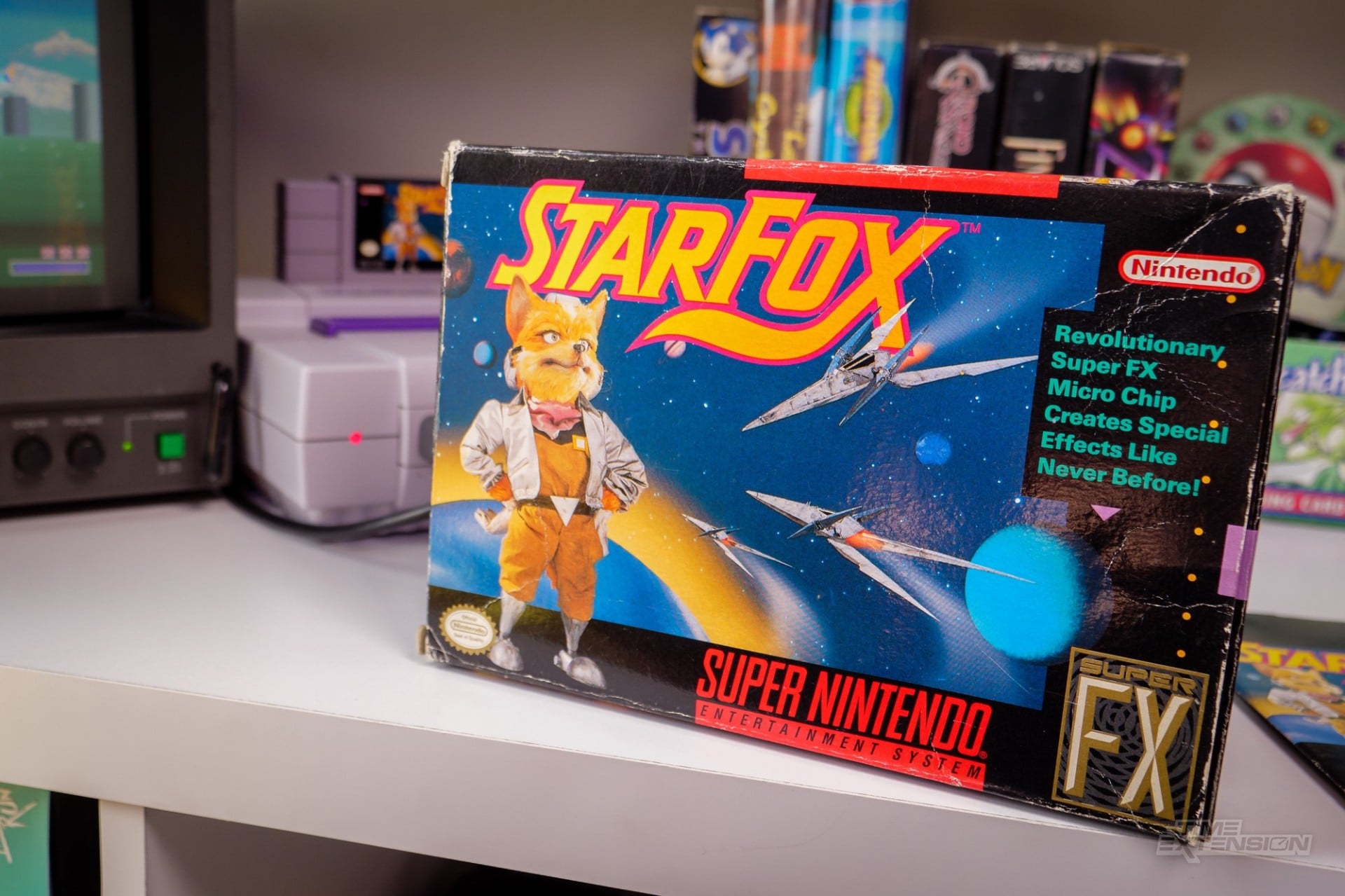 A Super Nintendo-style scene inspired by Star Fox, with polygon spacecraft flying through a retro space backdrop.