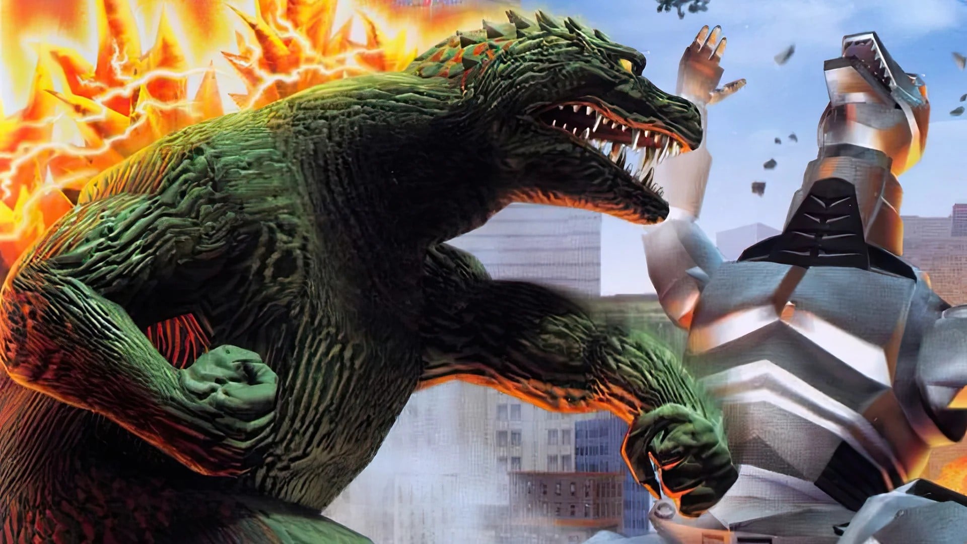 Godzilla towering over a city skyline in a retro game-inspired scene