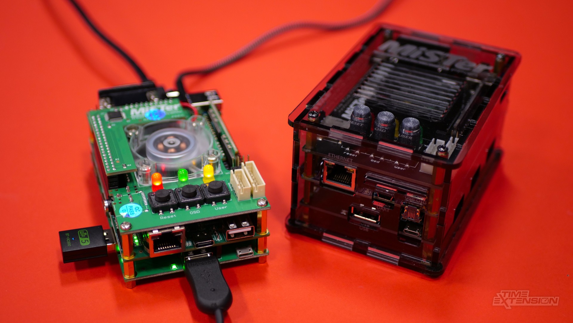 A MiSTer FPGA setup running a classic-style game on a display